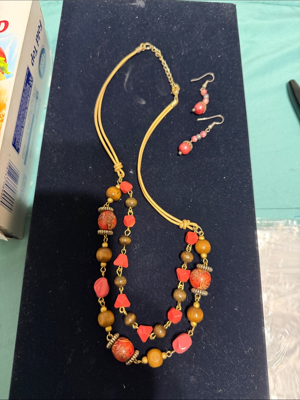 Multi-Strand Wooden Bead Necklace with Coral Accents - Women Jewelry